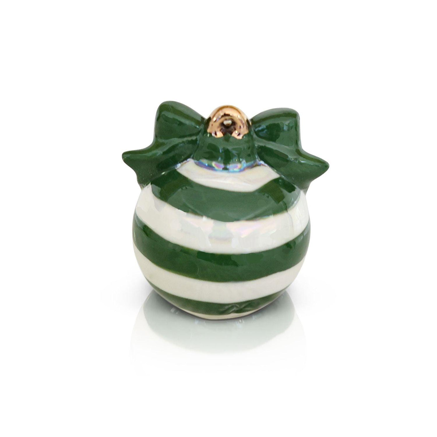 Green and white striped ornament mini with a bow on top