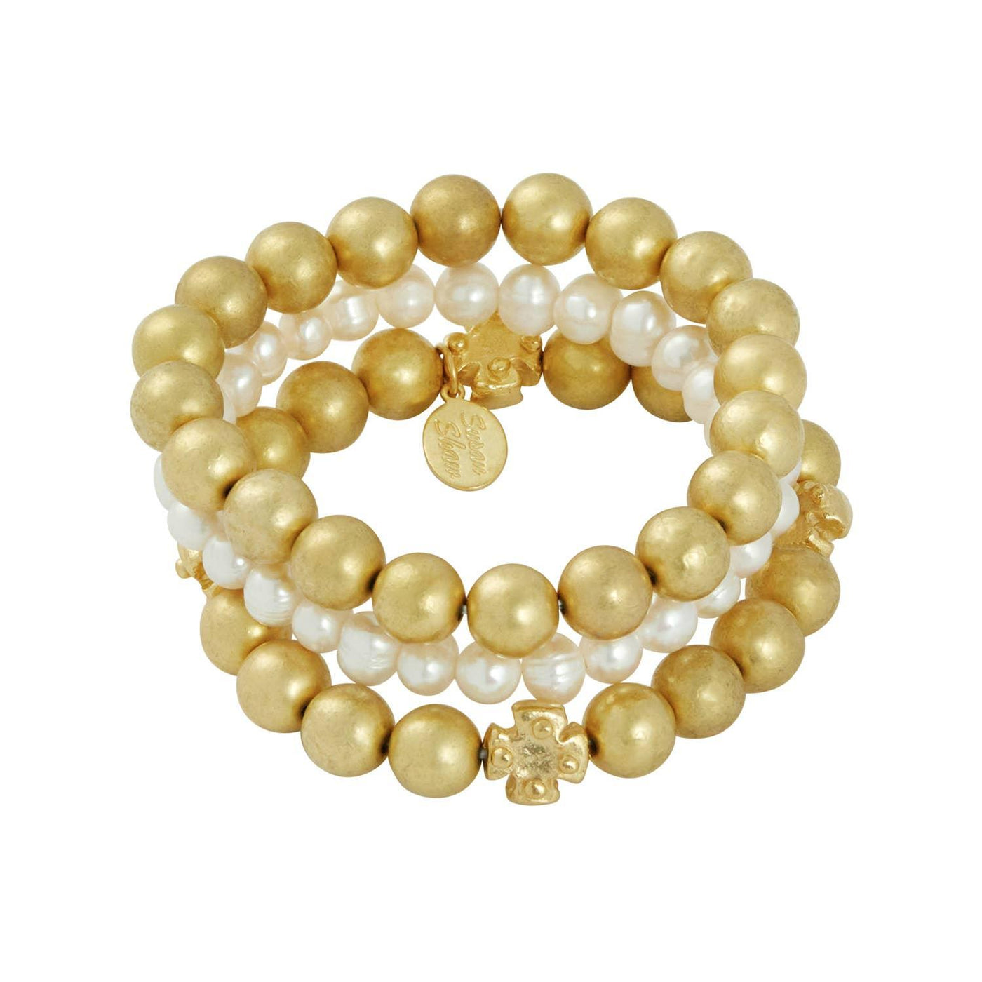 Gold beaded and fresh water pearl stack of stretch bracelets