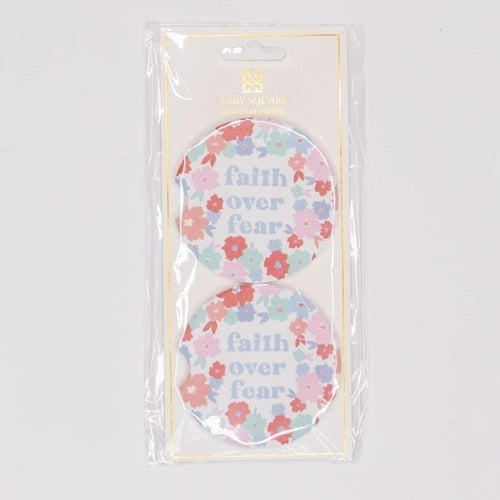 Car cupholder coasters with "faith over fear" written in light blue with red, orange, blue, teal, and pink flowers on the outside