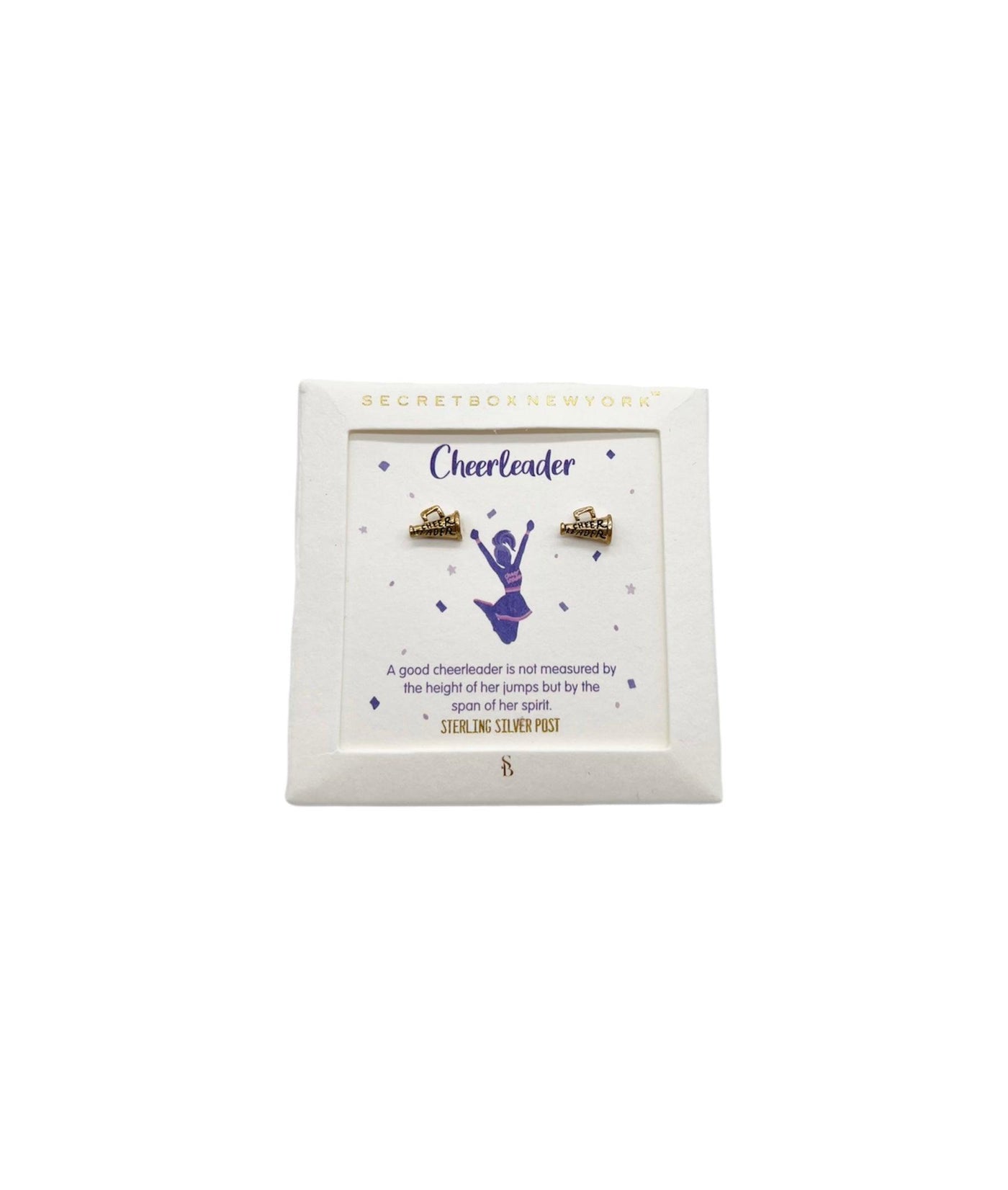 Gold megaphone stud earrings with "cheer leader" inscribed in a gift box