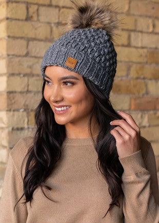 Fleece Lined Beanies with Cuff and Faux Fur Pom | Fruit of the Vine Boutique 