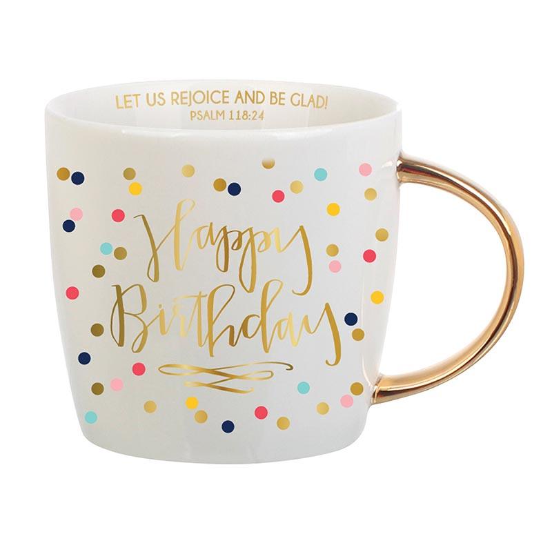 Confetti Happy birthday mug with gold accents and scripture on rim