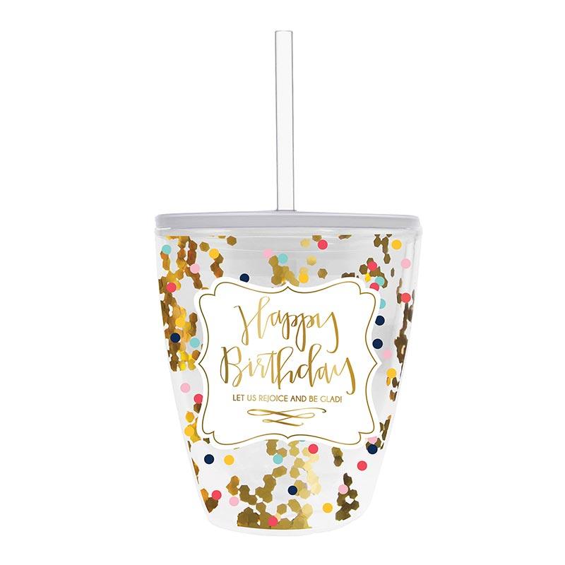 Confetti happy birthday tumbler with a straw and lid