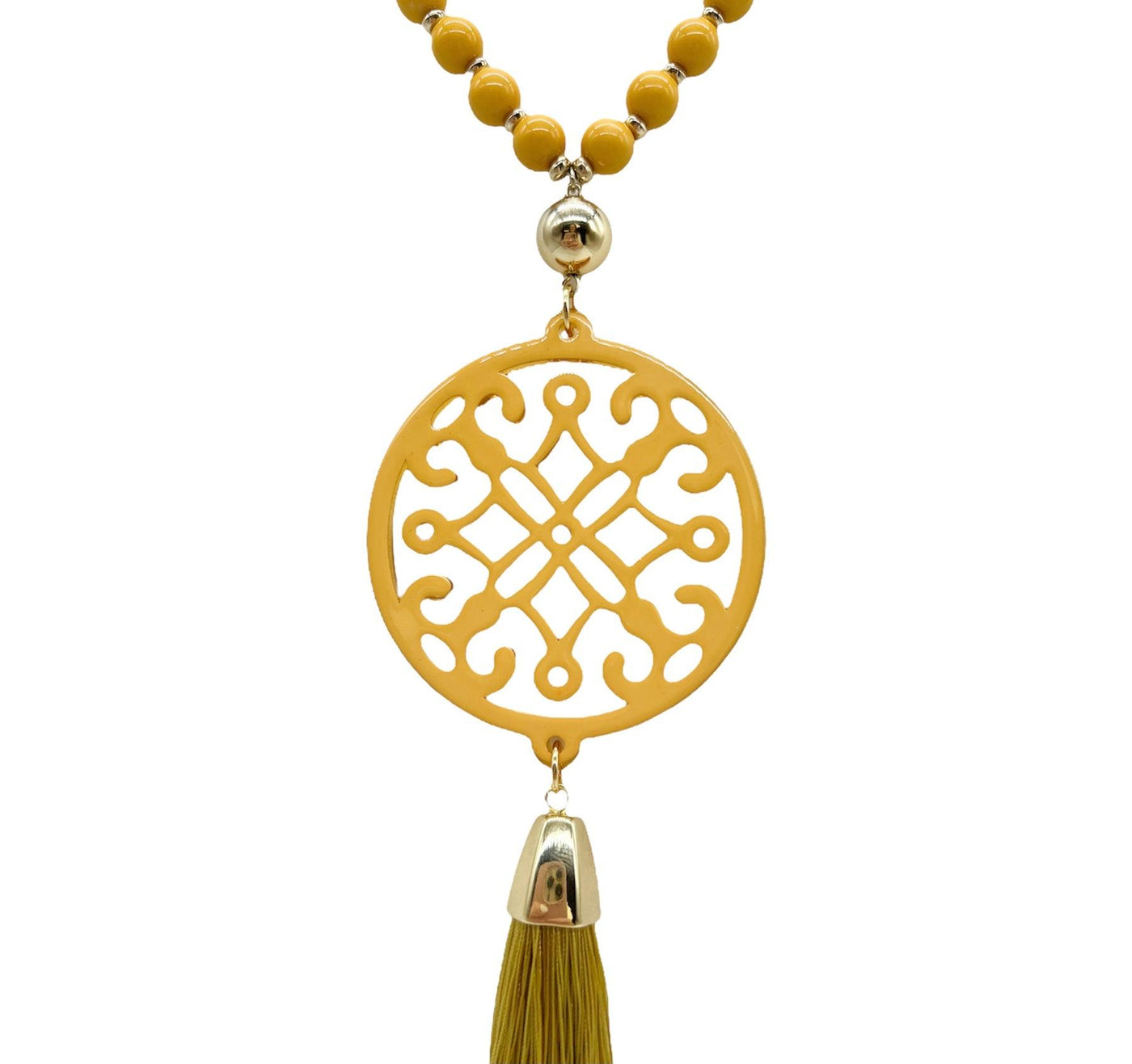 Honey yellow ornate resin pendant on a beaded chain with a tassel