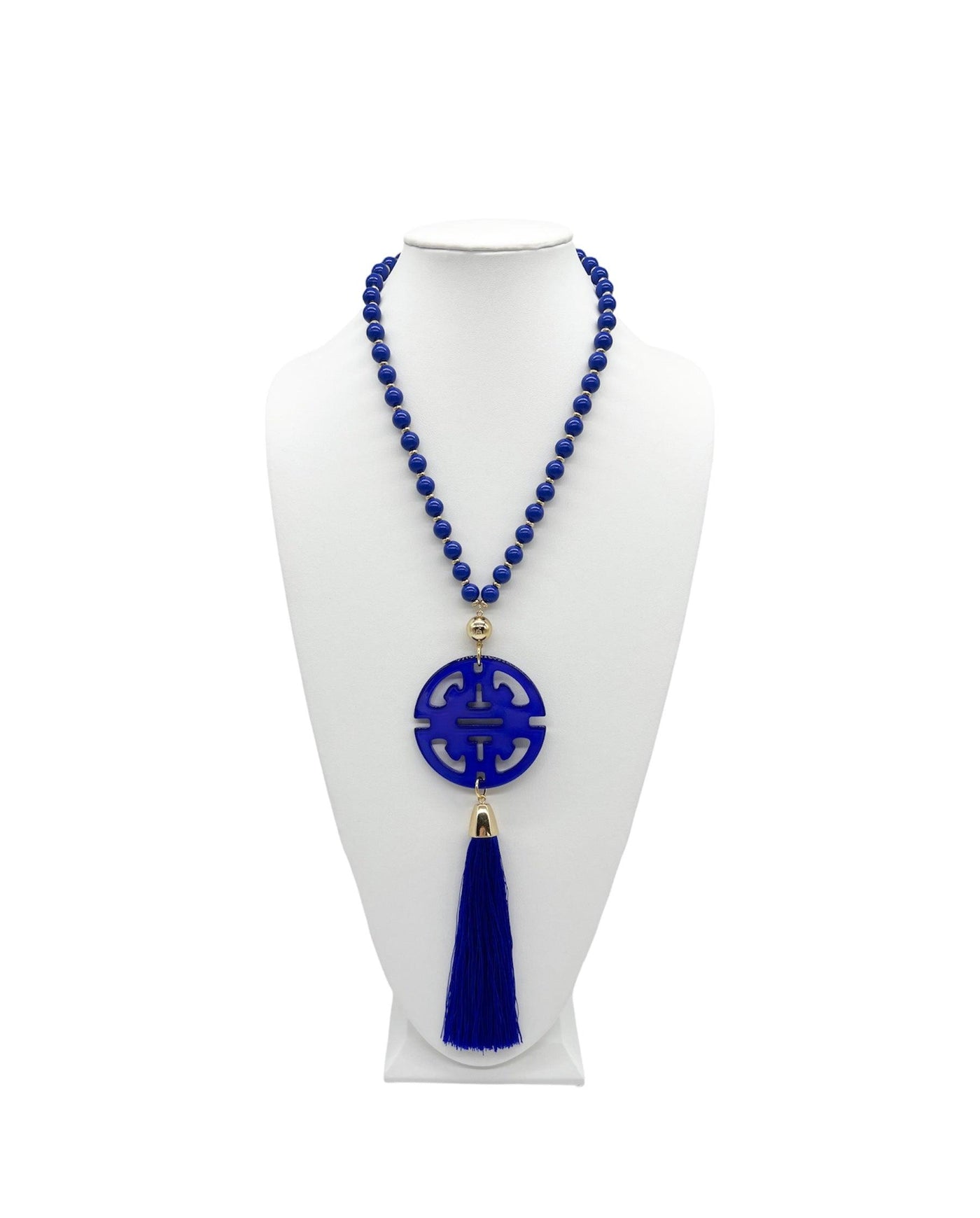 Blue beaded resin pendant and tassel necklace