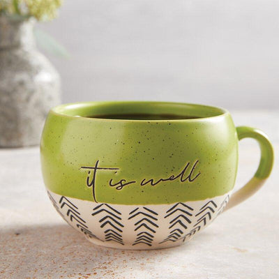 Green half glazed mug with "it is well" embossed on both sides