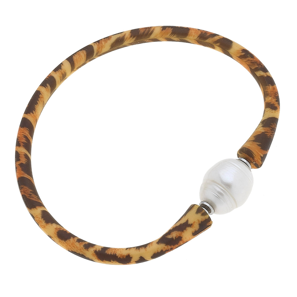 Leopard print silicone bracelet with a small pearl bead