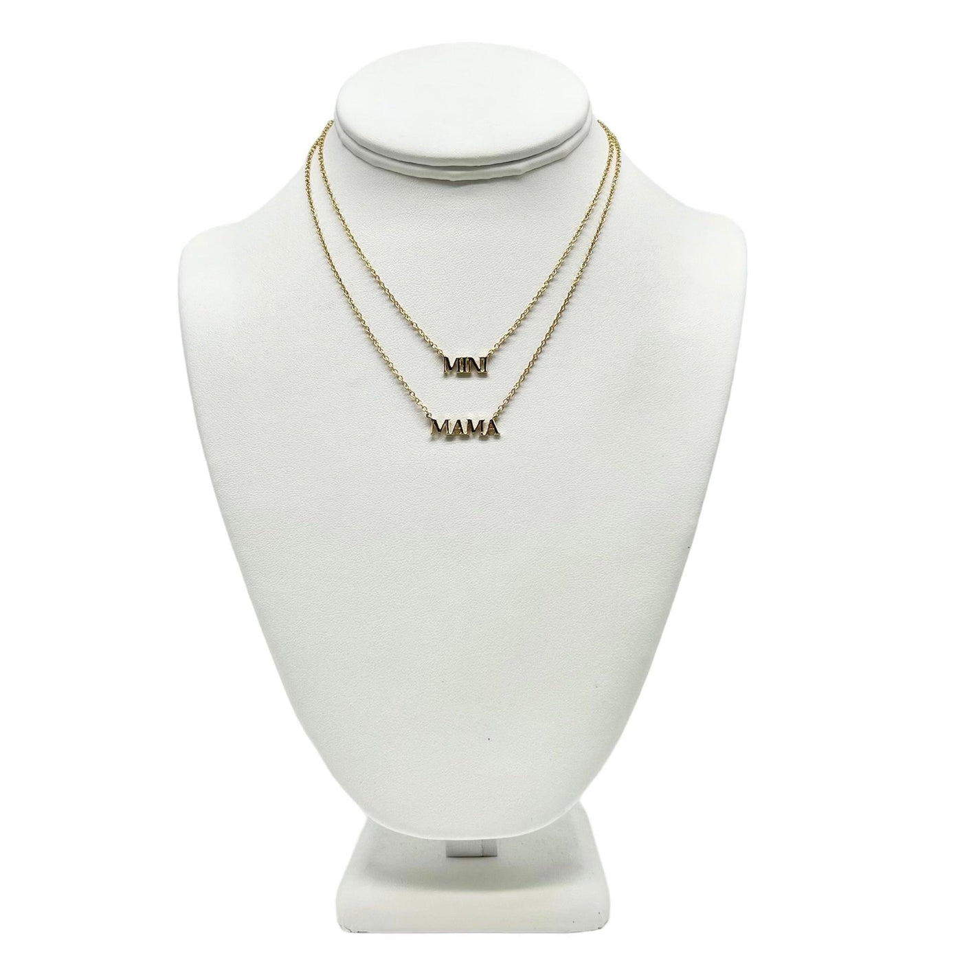 Dainty gold necklaces with "MAMA" and "MInI" pendants
