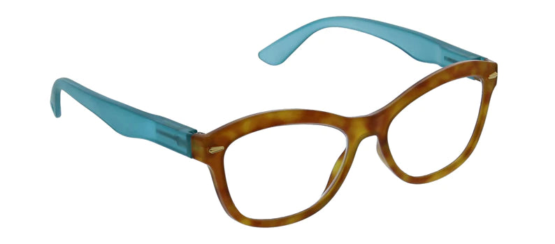 Bright tortoise frames with blue arms