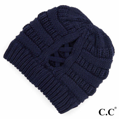 C.C. Ribbed Knit Beanie Featuring Criss-Cross Ponytail Detail | Fruit of the Vine Boutique 