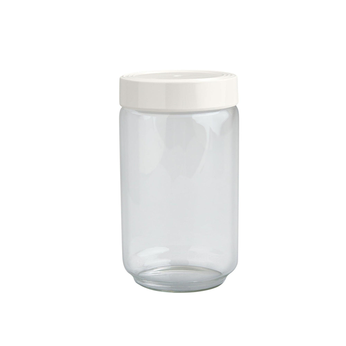 Large clear canister with white pinstripe lid