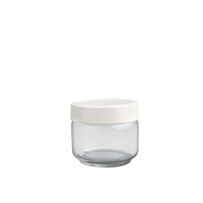 Small clear canister with white pinstripe lid
