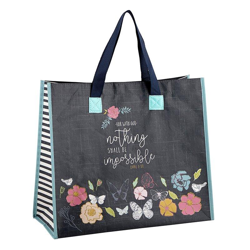 Navy and teal garden themed tote bag with scripture