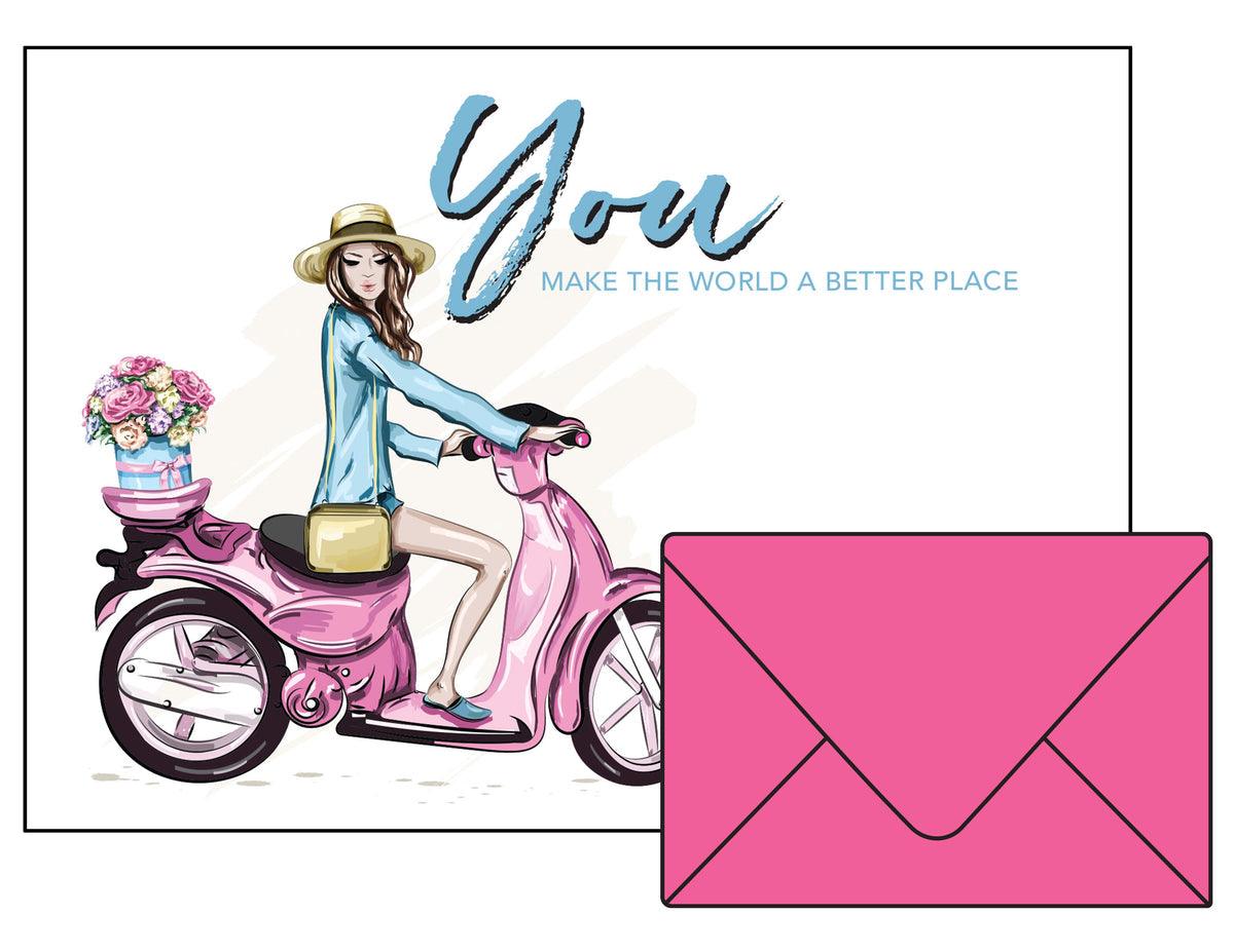 Girl on a pink moped with a bouquet of flowers with a hot pink envelop
