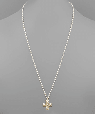 Pearl chain necklace with a gold textured cross pendant