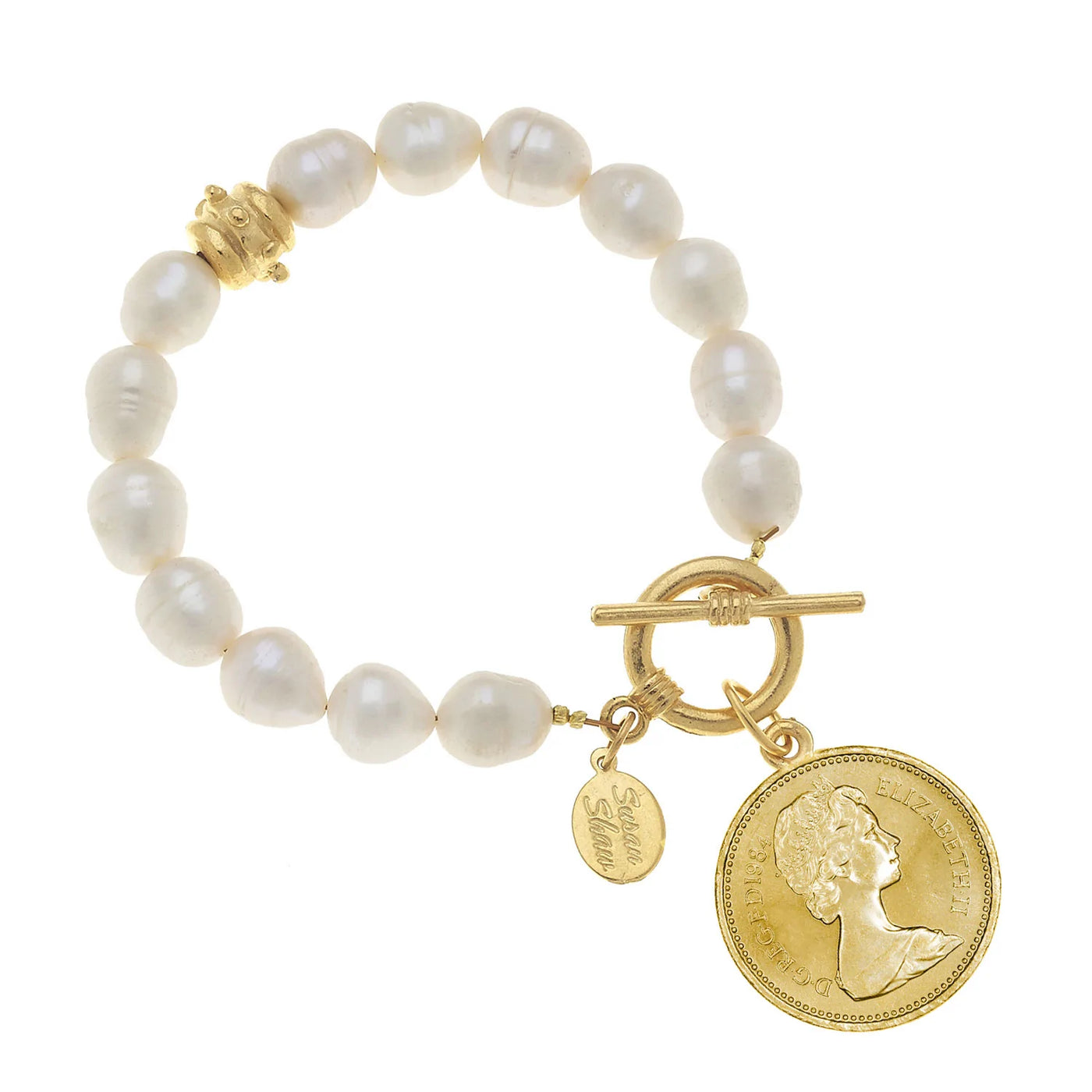 Queen Elizabeth II Coin Pearl Bracelet | Susan Shaw | Fruit of the Vine Boutique 