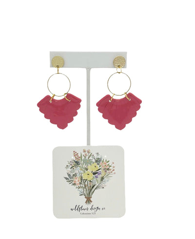 hot pink scalloped clay dangle on a gold drop hoop on a textured gold stud post backing