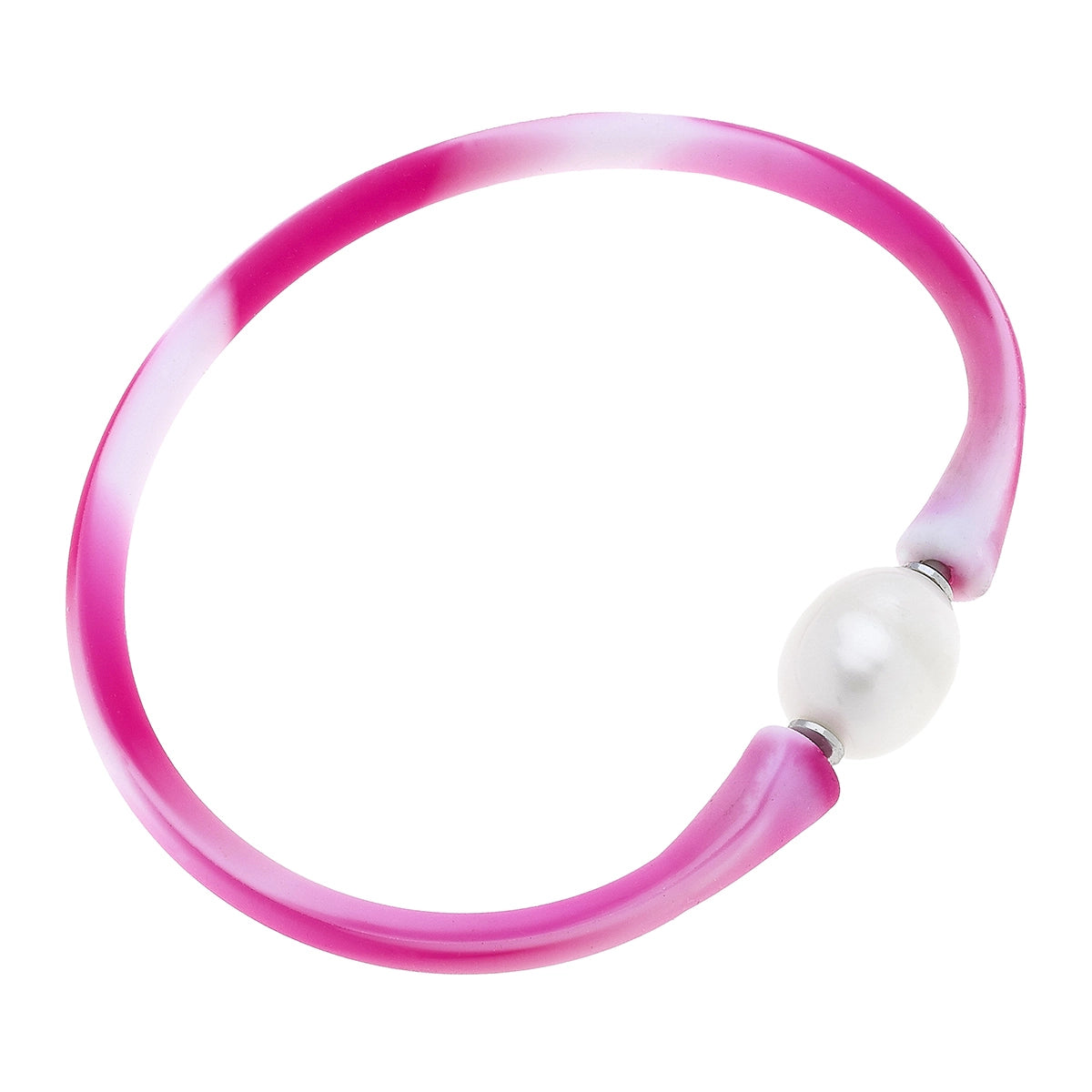 Pink tie dy silicone bracelet with a small pearl bead