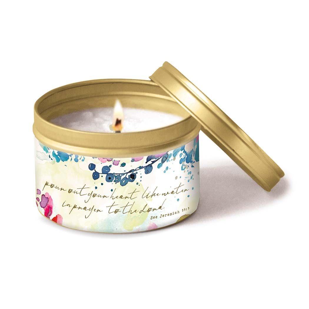 scented candle with a wrap saying "pour out your heart like water in prayer to the Lord" Jeremiah 33:3