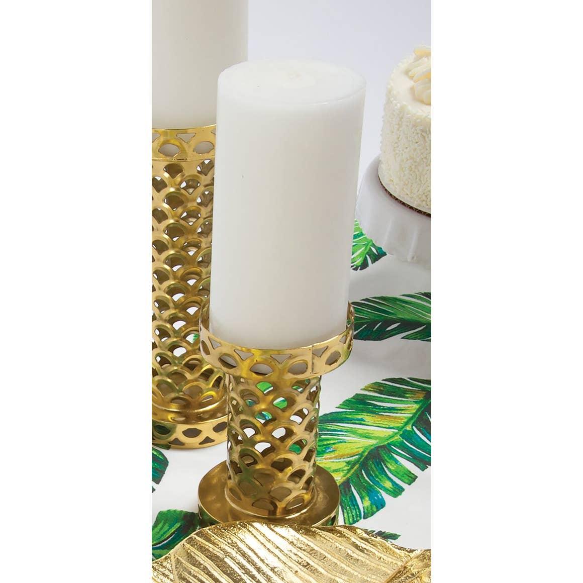 Gold painted metal geometric cutout candle holder