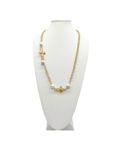 Gold chainlink necklace with textured cross and baroque pearls intermixed 