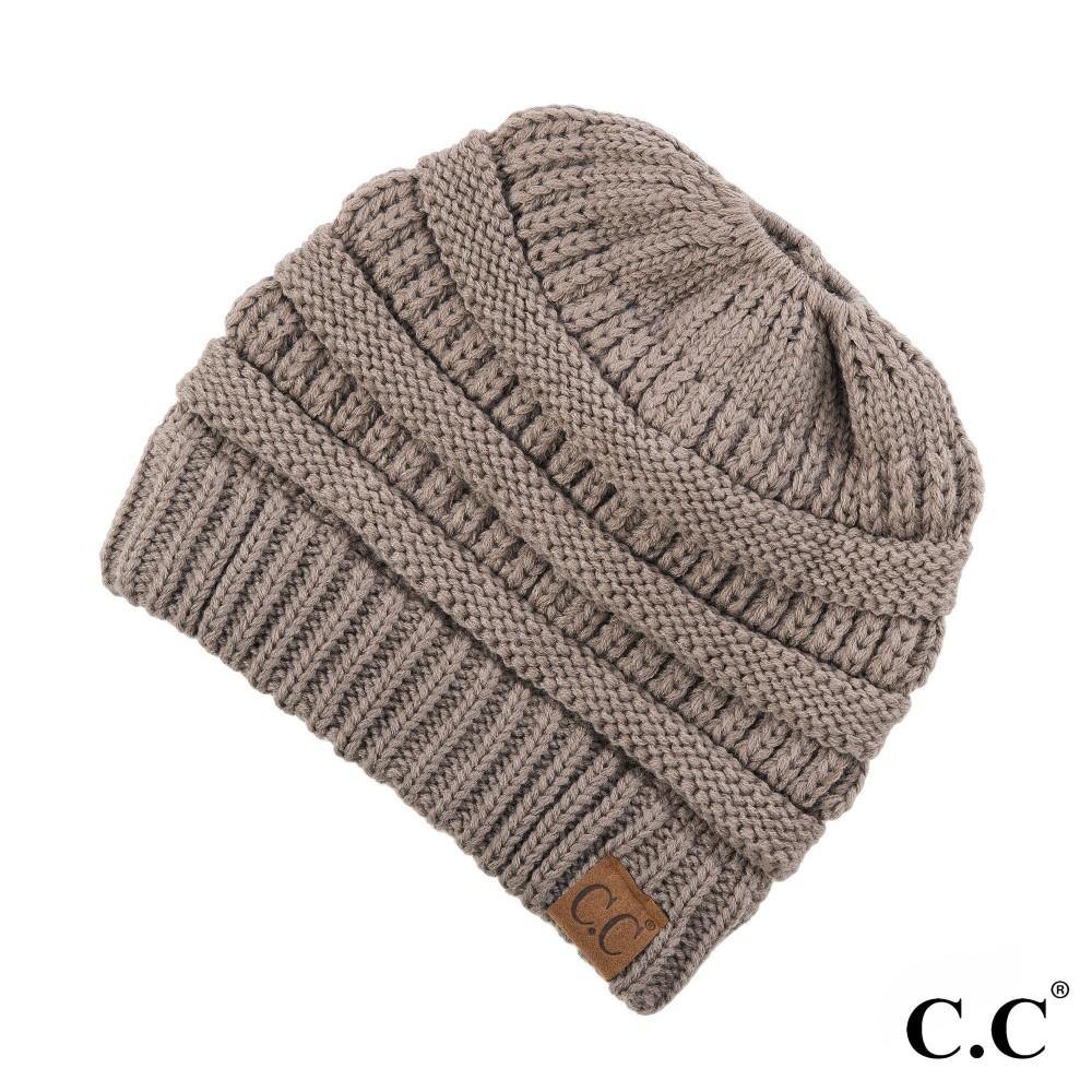 C.C. original messy bun beanie in taupe front view.