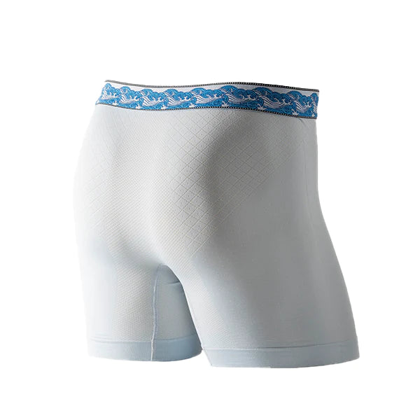 Back view of grey white boxer briefs with a blue and white wav embroidered waistband