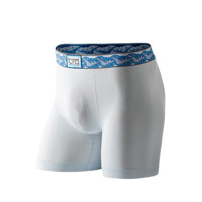 Grey white boxer briefs with a blue and white wav embroidered waistband