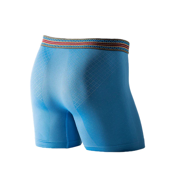 Back view of sky blue boxer briefs with a red, yellow and blue embroidered waistband