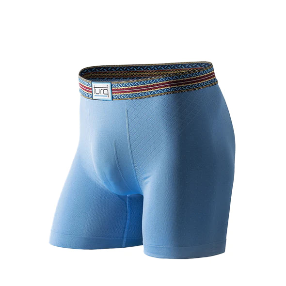 Sky blue boxer briefs with a red, yellow and blue embroidered waistband