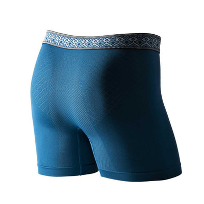 Back view of teal blue boxer briefs with embroidered white, teal and blue waistband