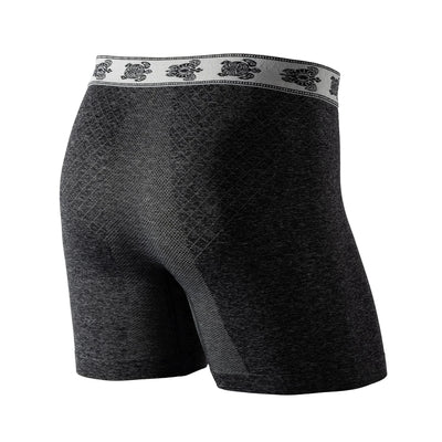 Back view of crushed grey boxer briefs with embroidered black and white turtle waistband