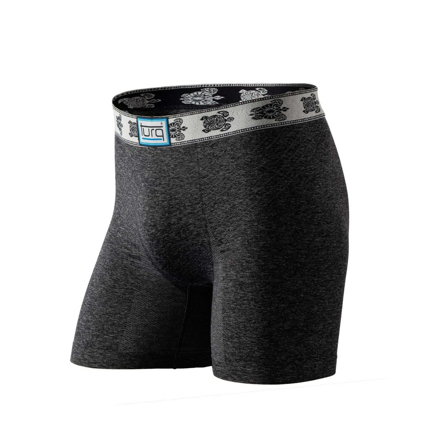 Crushed grey boxer briefs with embroidered black and white turtle waistband