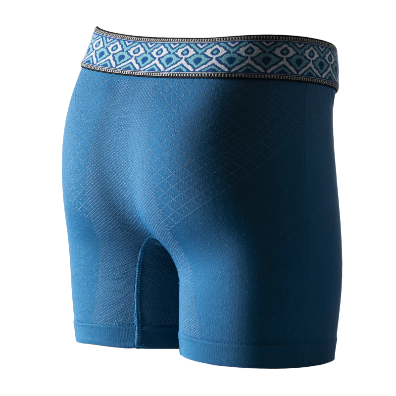 Back view of the TURQ boxer briefs in teal blue with a teal, blue and white embroidered waistband
