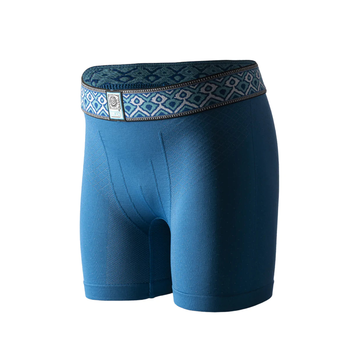 TURQ boxer briefs in teal blue with a teal, blue and white embroidered waistband