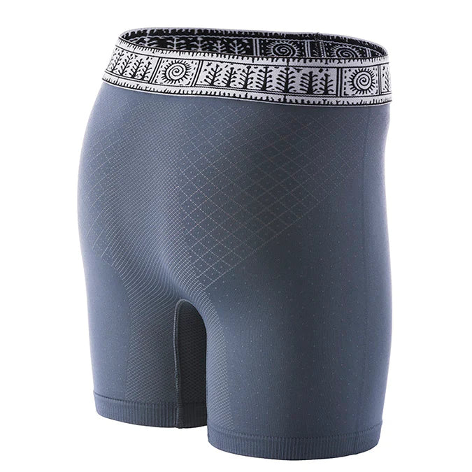 Back view of TURQ boxer briefs in grey with a detailed native design waistband and emblem