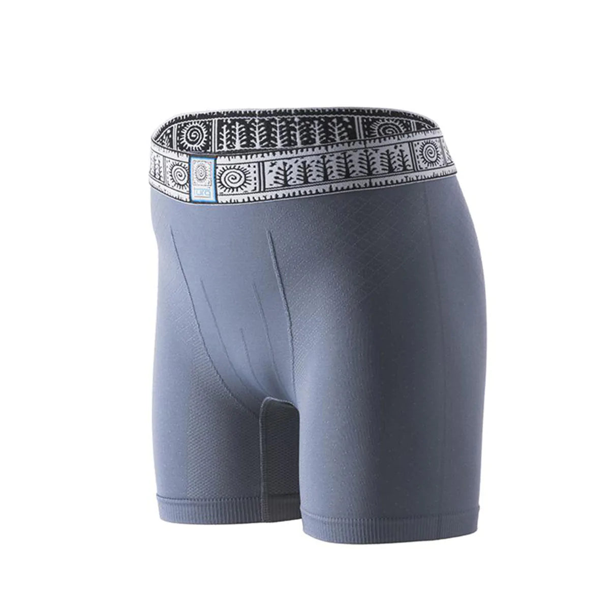 TURQ boxer briefs in grey with a detailed native design waistband and emblem