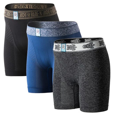 multipack picture of TURQ boxer briefs in black, blue and crush grey